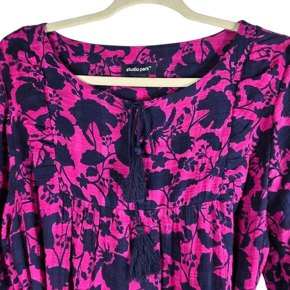 Studio Park x Amy Stran Dress Medium Berry Navy Floral Belted Boho Peasant - Picture 4 of 13